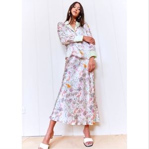 JRF satin silk pink paisley multicolor floral pattern midi slip bias skirt